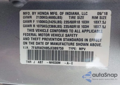 2018 Honda Cr-V Ex-L/Ex-L Navi z USA, uszkodzony, nr VIN 7FARW2H85JE089759